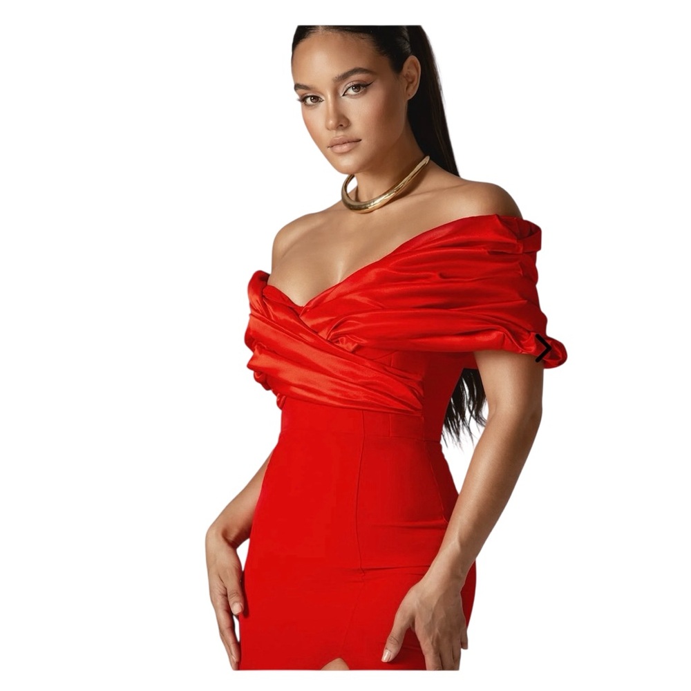 NWT Alieva Presley Crepe Ruffle Shoulder Gown Dress in Red Sz. L - Picture 8 of 15